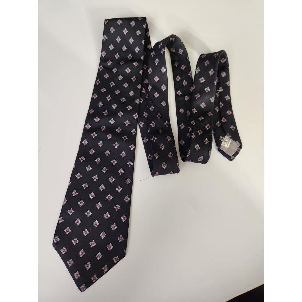 Dillards 100% Italian Silk Necktie Black Red Gray Tiny Flowers Tie EUC